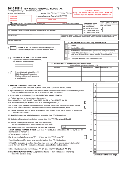 2010 - Pit-1 - New Mexico Personal Income Tax Printable pdf