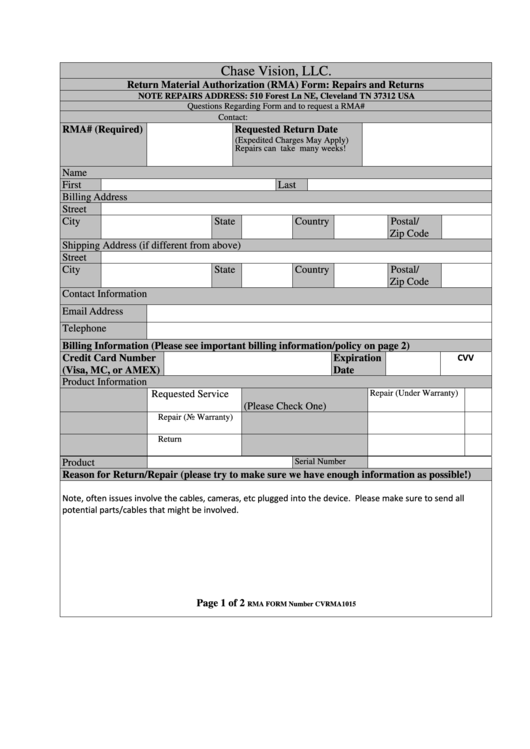 Rma Form - Chasecam Printable pdf