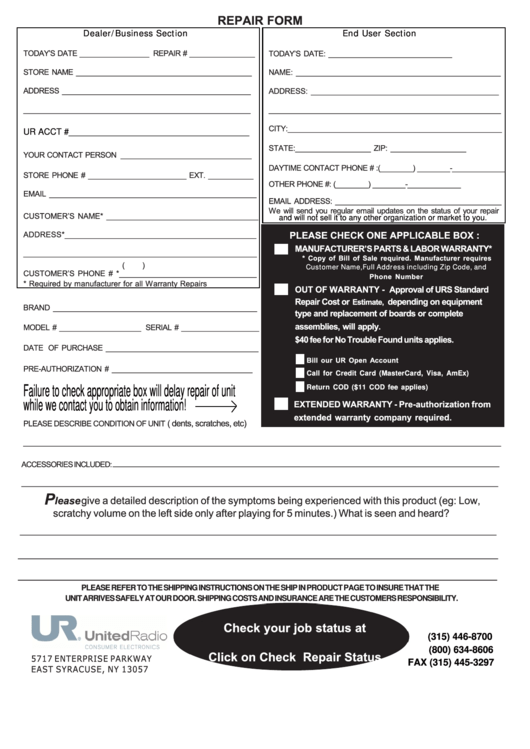 Repair Form Iv - United Radio Printable pdf
