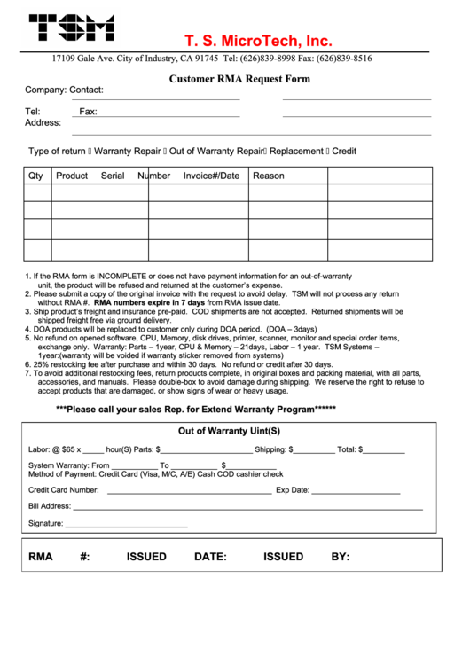 Customer Rma Request Form Printable pdf
