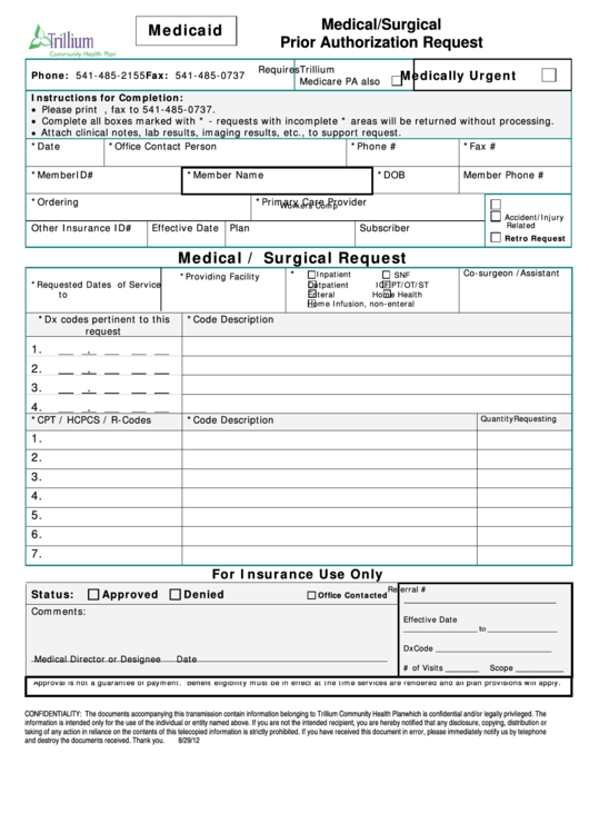 Fillable Medicaid Medical Surgical Prior Authorization Request Printable pdf