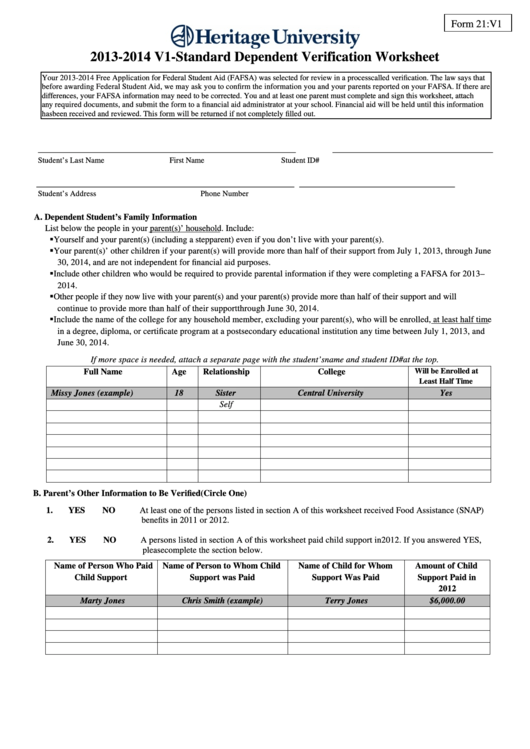 2013-2014 V1-Standard Dependent Verification Worksheet Printable pdf