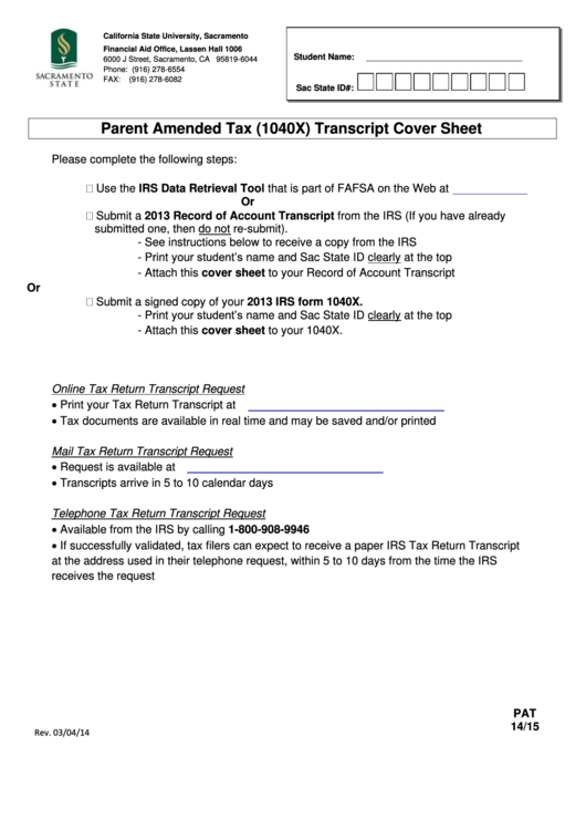 Parent Amended Tax 1040x Transcript Cover Sheet - Csus Printable pdf