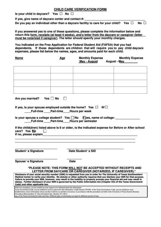 Child Care Verification Form - Ut Southwestern Printable pdf