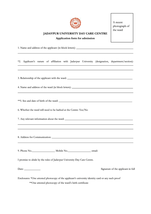 Jadavpur University Day Care Centre Application Form For Printable pdf