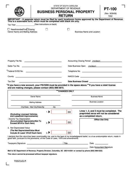 Form Pt-100 - Business Personal Property Return Jasper County Sc Printable pdf