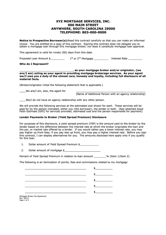 Xyz Mortgage Services Fee Agreement Form Printable pdf