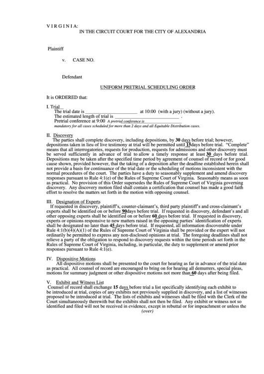 Uniform Pretrial Scheduling Order Virginia City Of Alexandria Printable pdf