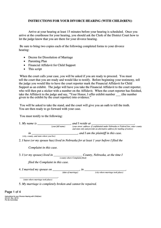 Instructions For Your Divorce Hearing Printable pdf
