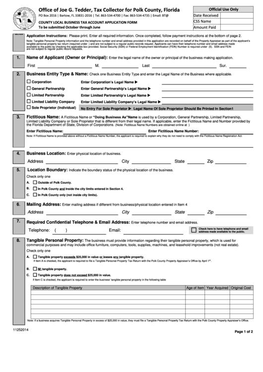Form Fl 33831 - County Local Business Tax Account Application - 2014 Printable pdf