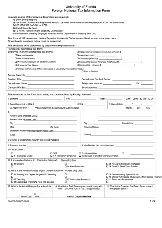 Fillable Foreign National Tax Information Form Printable pdf