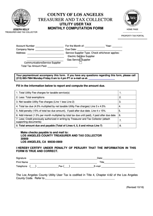 Fillable Utility User Tax Monthly Computation Form Printable pdf
