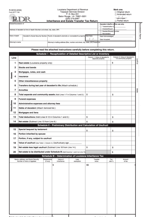 Fillable Form Iett-100 - Inheritance And Estate Transfer Tax Return - 2004 Printable pdf