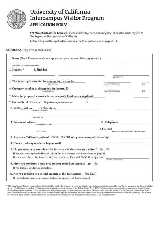 Fillable University Of California Intercampus Visitor Program Application Form Printable pdf