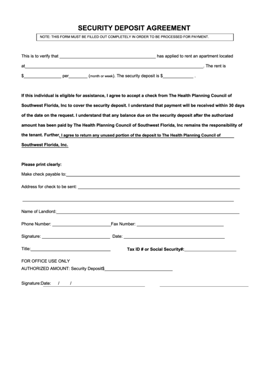 Security Deposit Agreement - Health Planning Council Of Southwest Printable pdf
