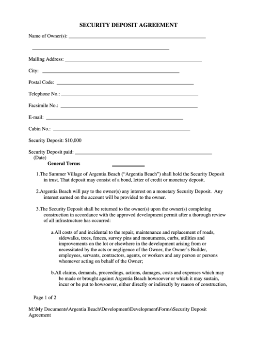 Security Deposit Agreement Form - Townlife Printable pdf