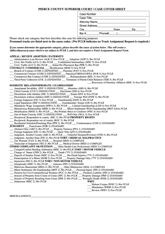 Pierce County Superior Court Case Cover Sheet - Linx Printable pdf