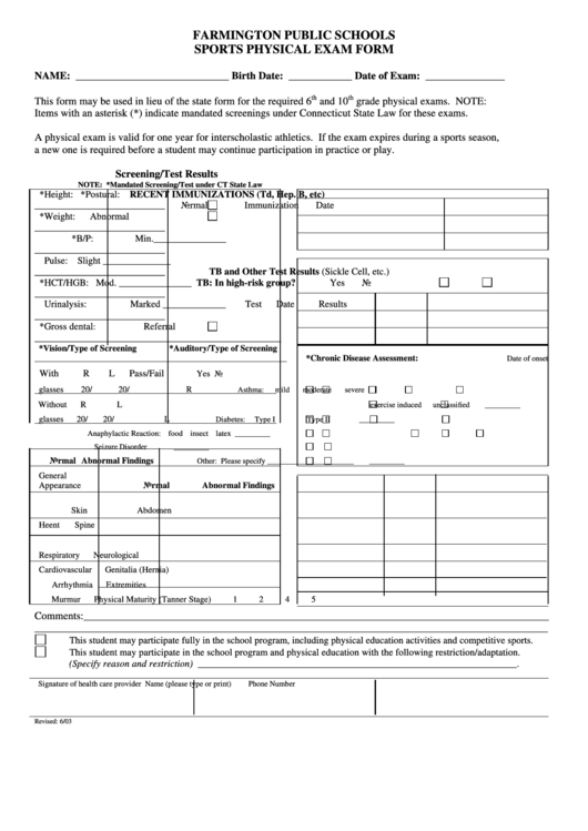 Farmington Public Schools Sports Physical Exam Form Printable pdf
