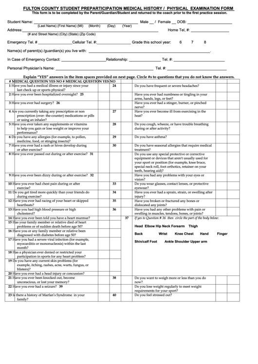 Fulton County Student Preparticipation Medical History / Physical Examination Form Printable pdf