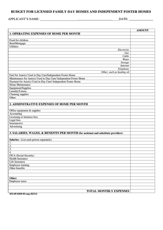 Fillable Licensed Family Day Homes And Independent Foster Homes Budget Template Printable pdf