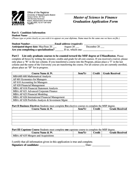 Fillable Master Of Science In Finance Graduation Application Form Printable pdf