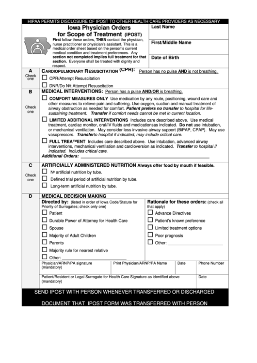 Iowa Physician Orders Form For Scope Of Treatment (Ipost) Printable pdf