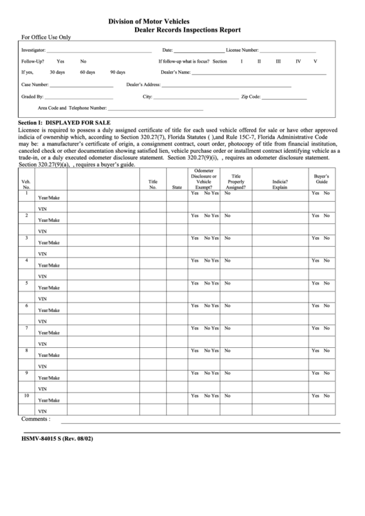 Fillable Form Hsmv-84015 S - Dealer Records Inspections Report Printable pdf
