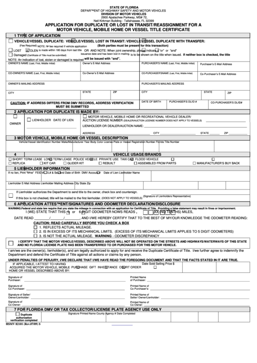 Fillable Form Hsmv 82101 - Application For Duplicate Or Lost In Transit - 2009 Printable pdf