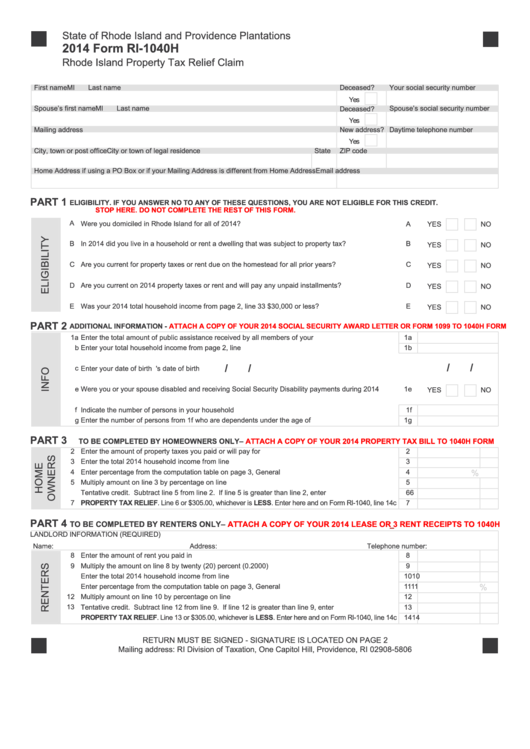 Fillable Form Ri-1040h - Rhode Island Property Tax Relief Claim - 2014 Printable pdf