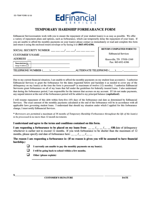 Temporary Hardship Forbearance Form - Pantheon Student Solutions Printable pdf