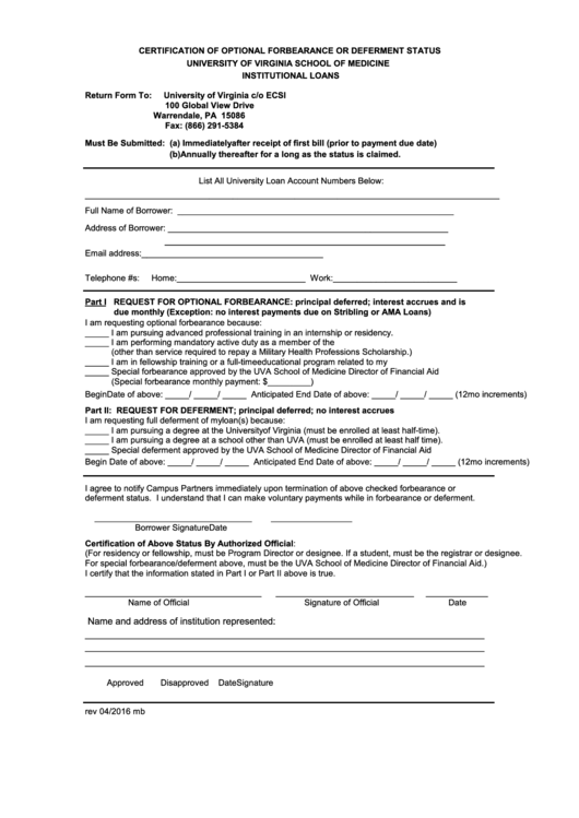 Certification Form Of Optional Forbearance Or Deferment Status