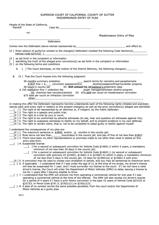 Misdemeanor Plea Form - Superior Court Of California Printable pdf