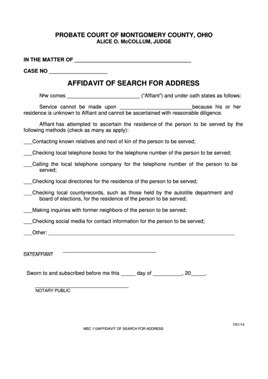 Fillable Affidavit Of Search For Address Printable pdf