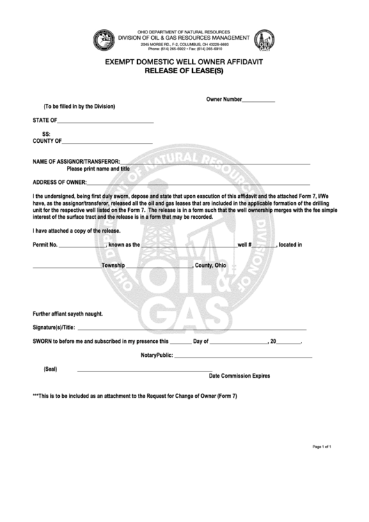 Release Of Leases - Ohio Dnr Division Of Oil And Gas Printable pdf