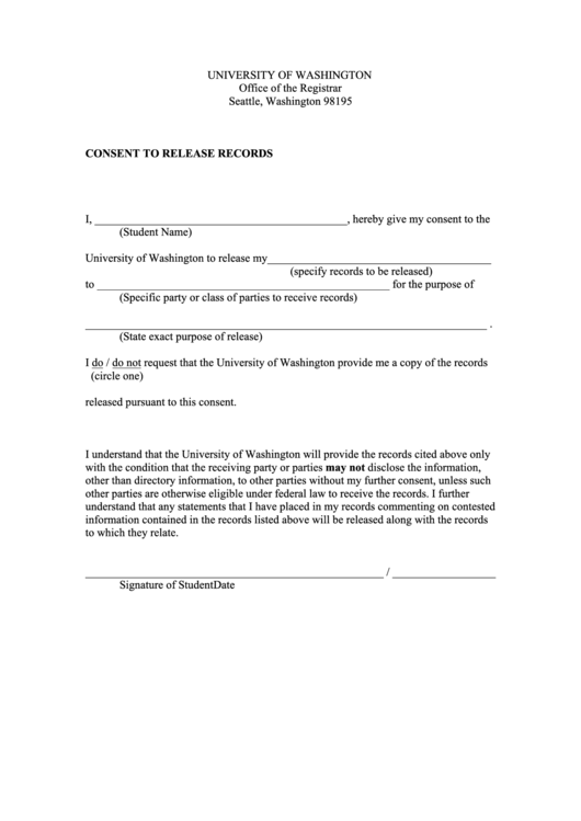 Consent To Release Records - University Of Washington Printable pdf