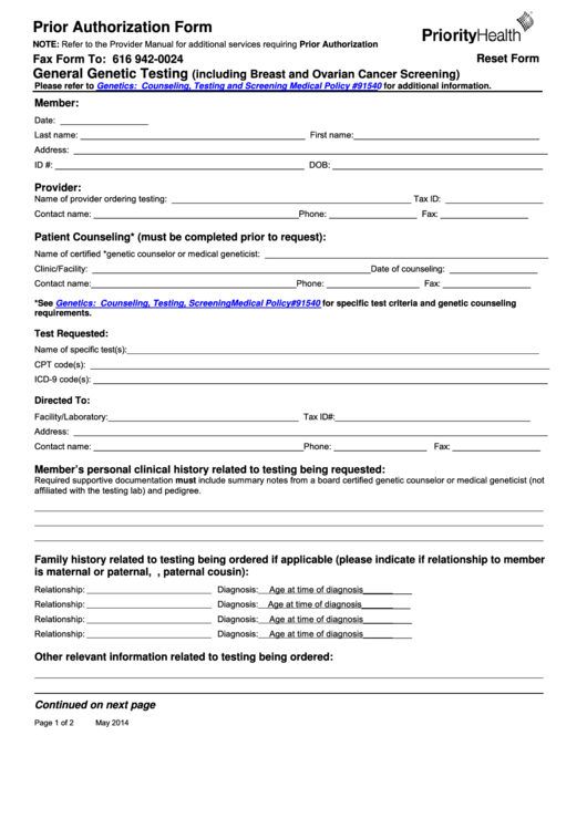 Fillable Prior Authorization Form - Priority Health Printable pdf