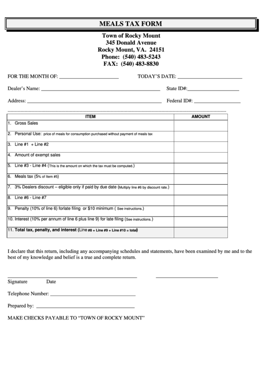 Meals Tax Form - Town Of Rocky Mount Printable pdf