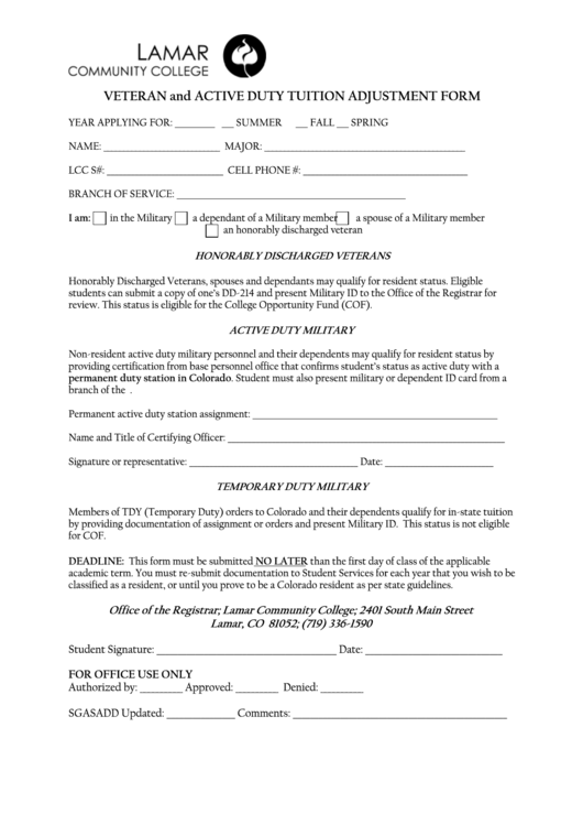 Veteran And Active Duty Tuition Adjustment Form Printable pdf