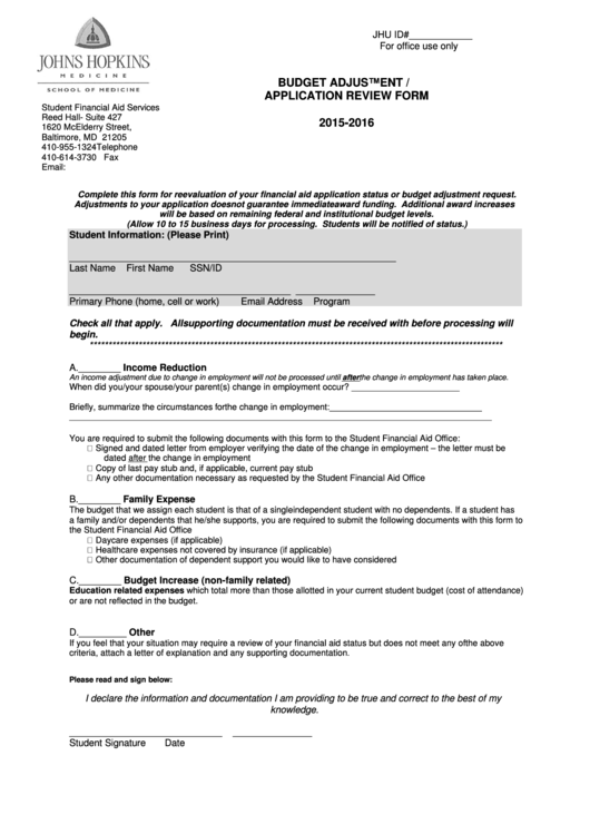 Budget Adjustment Application Review Form - Johns Hopkins Medicine Printable pdf