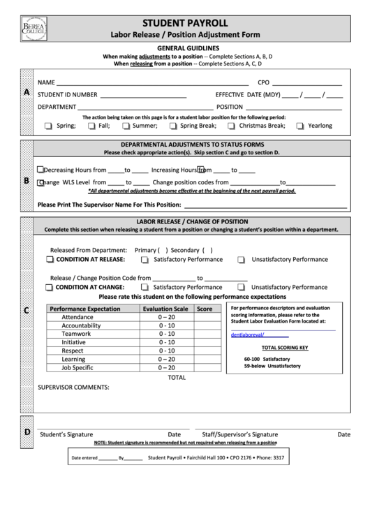 Fillable Labor Release - Adjustment Form Printable pdf