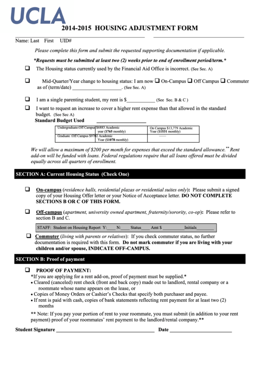 Housing Adjustment Form - Financial Aid And Scholarships Printable pdf