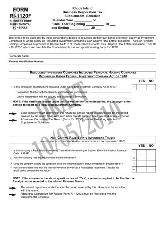 Form Ri-1120f Draft - Rhode Island Business Corporation Tax Supplemental Schedule - 2010 Printable pdf