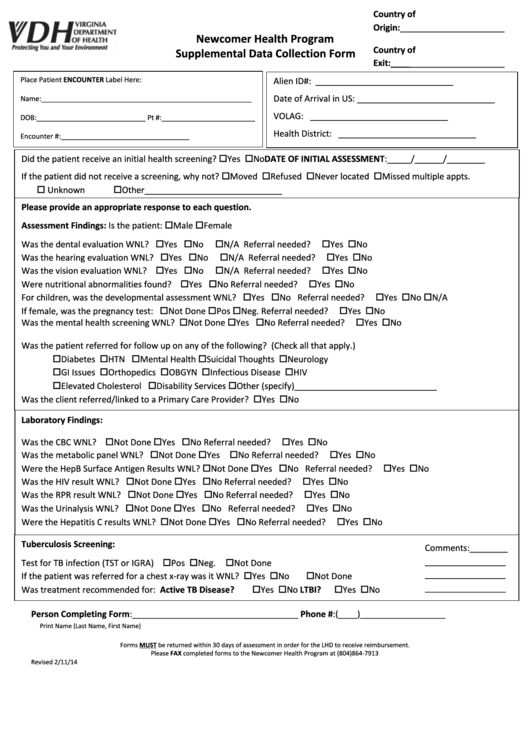 Newcomer Health Supplemental Data Collection Form Printable pdf