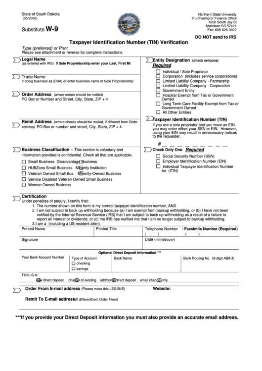 State Of South Dakota Substitute W-9 - Taxpayer Identification Number (Tin) Verification - Northern State University Printable pdf