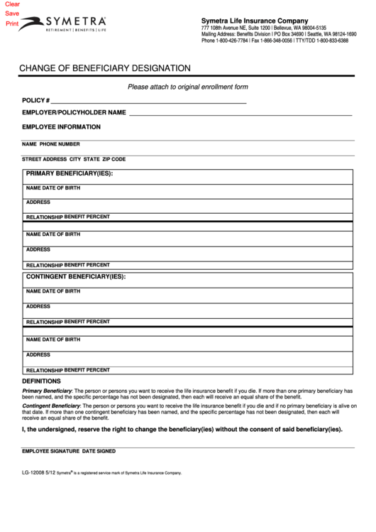 Fillable Symetra Beneficiary Change Form Printable pdf