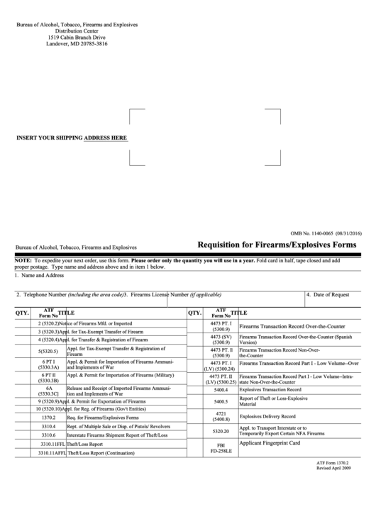 Fillable Atf Form 1370.2 Requisition For Firearms/explosives Forms Printable pdf