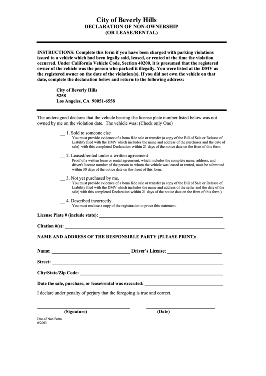 Fillable Declaration Form Of Non-Ownership (Or Lease/rental) Printable pdf