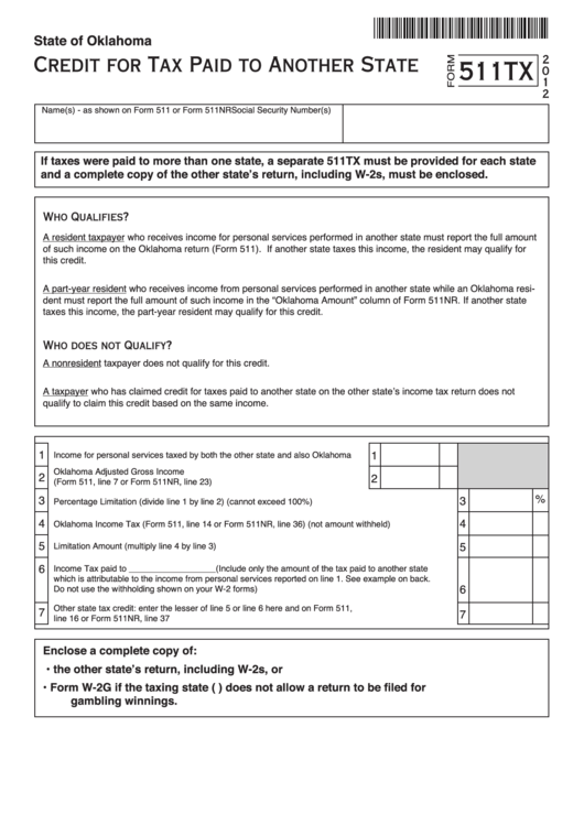 Fillable Form 511tx - Credit For Tax Paid To Another State - 2012 Printable pdf