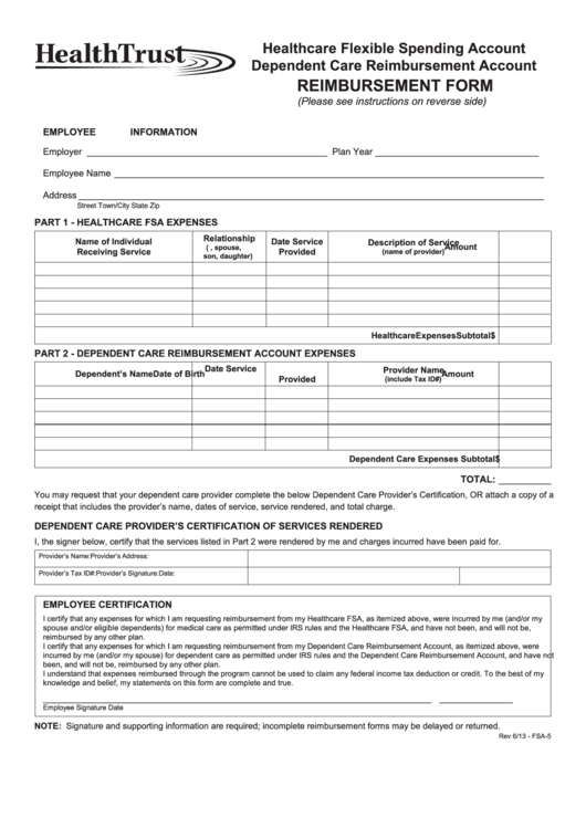 Fsa Reimbursement Form - Healthtrust Printable pdf