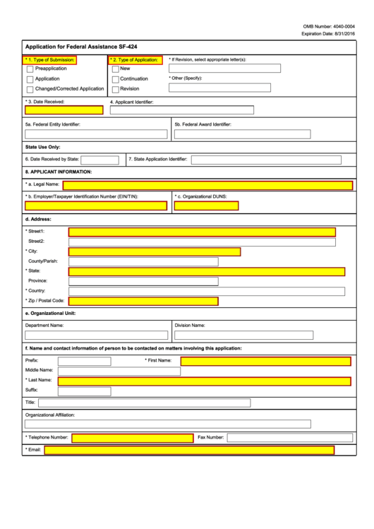 Fillable Form Sf-424 - Application For Federal Assistance - 2016 Printable pdf